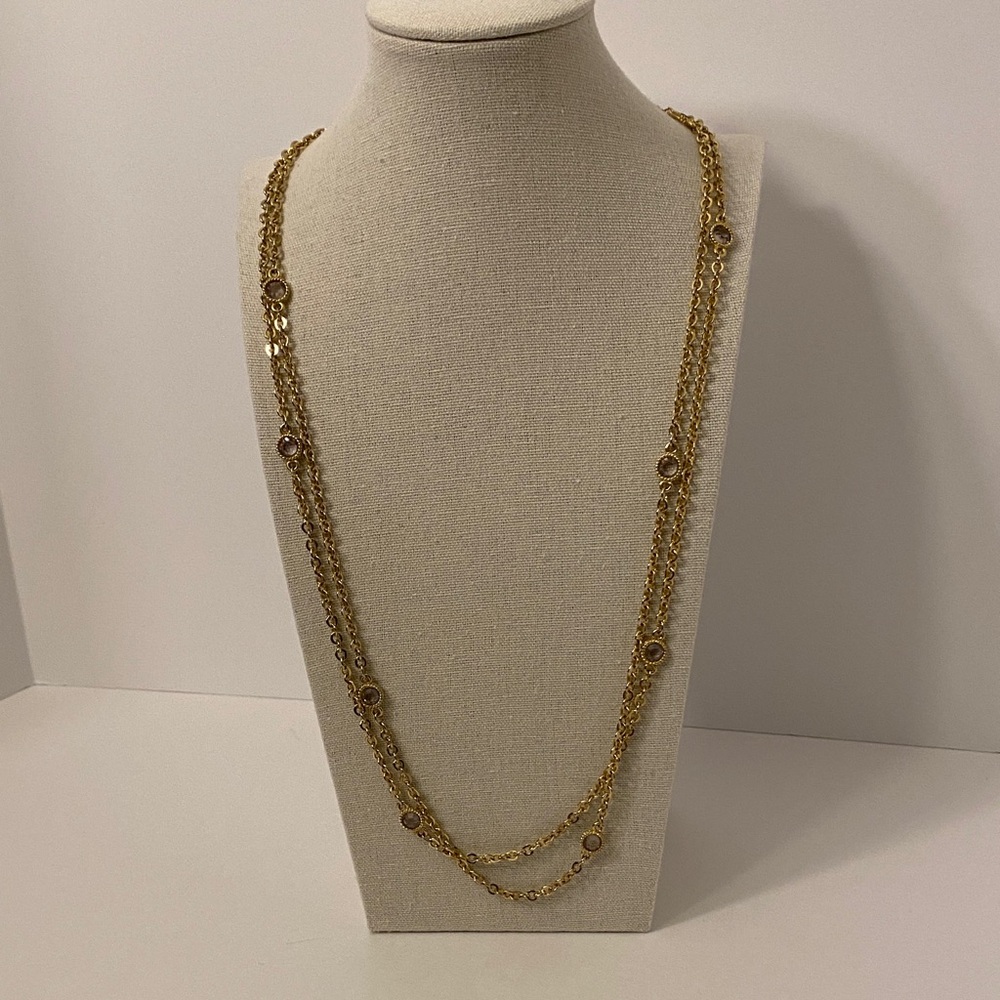Vintage Pink Crystal Open Bezel Gold Tone Necklace Long 28” Flapper